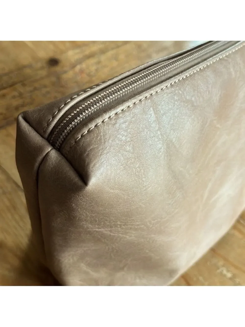 𝅺anthropologie tan faux leather cosmetic case make up bag clutch carryall